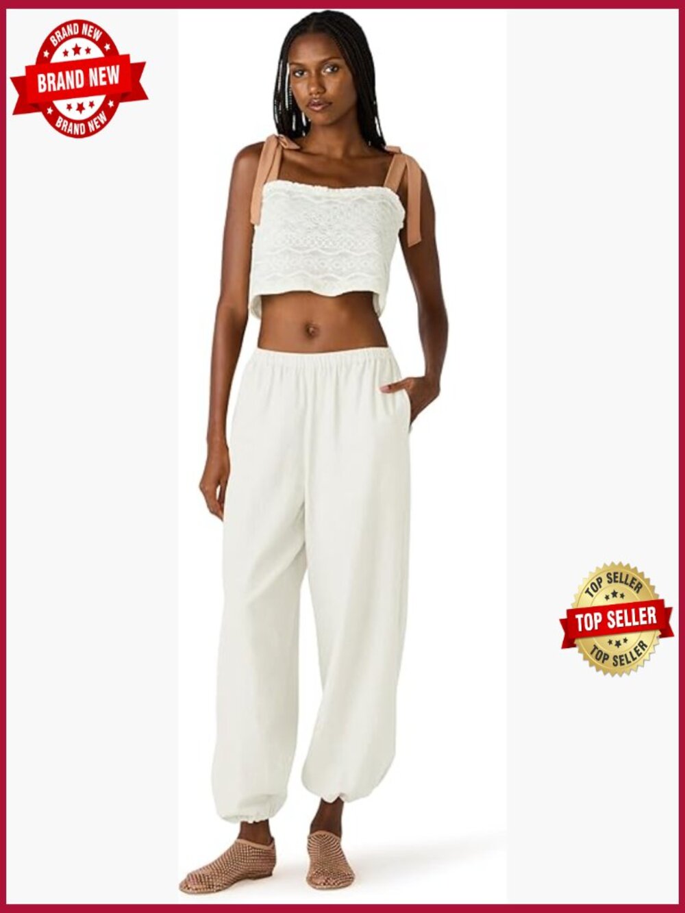 Linen Blend Relaxed Straight Leg Pull On Pants Womens Mid Rise